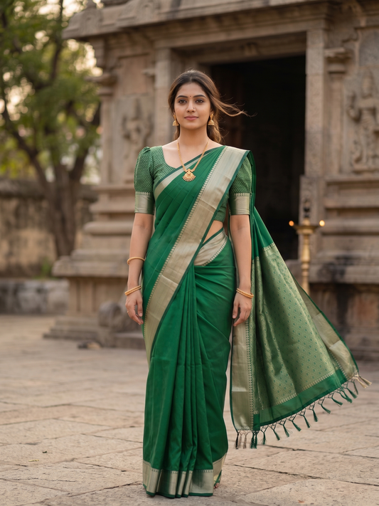 Southloom Silk Saree with Plain Body And Paisley Border in Green SL552
