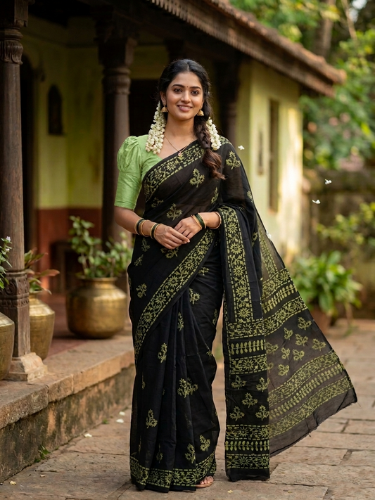 Southloom Georgette Saree with Floral Works Across Body in Black and Green
