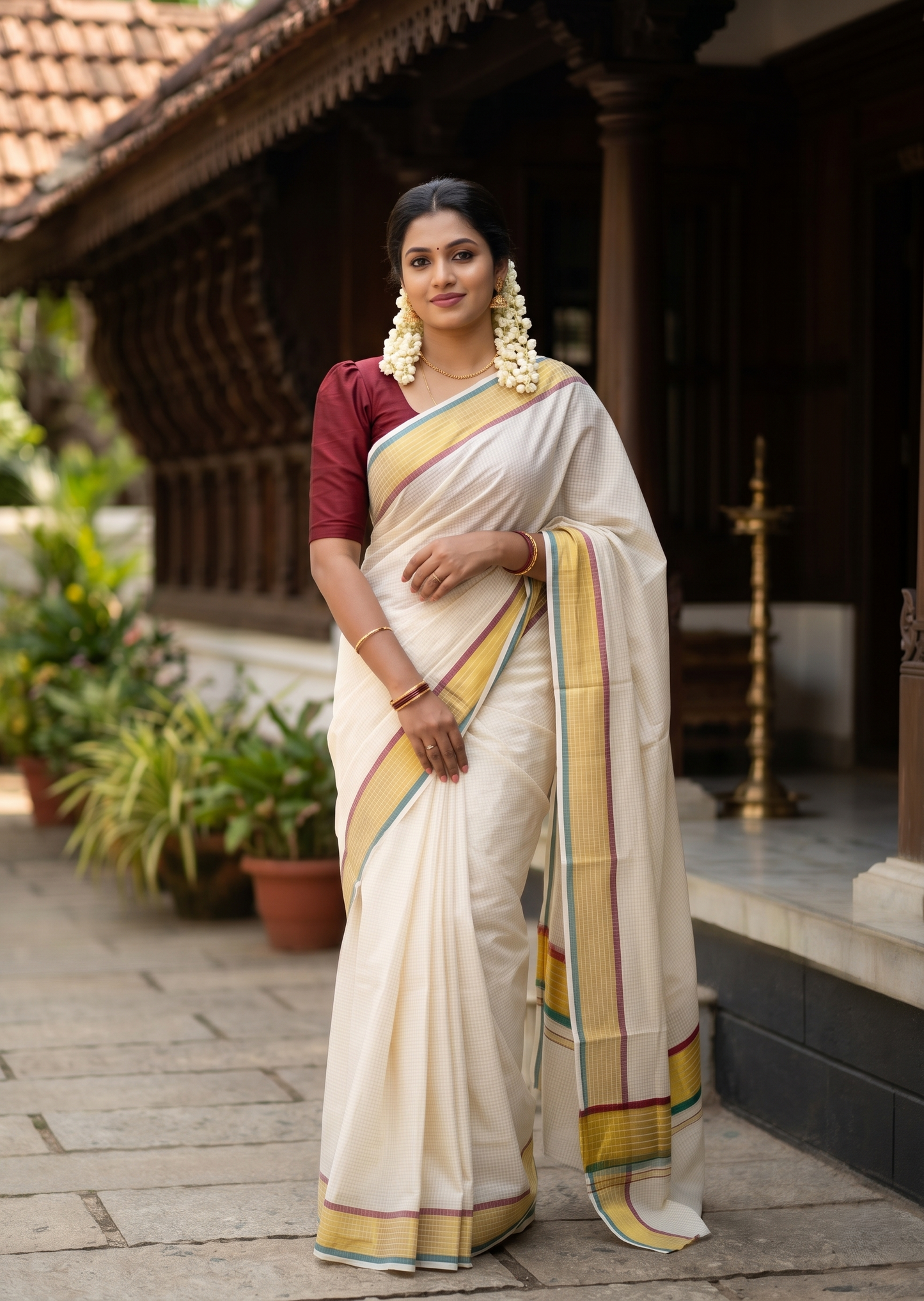 Southloom Kerala Cotton Kasavu Saree with Micro Check Design on Body in Peacock Green & Maroon Border SL451