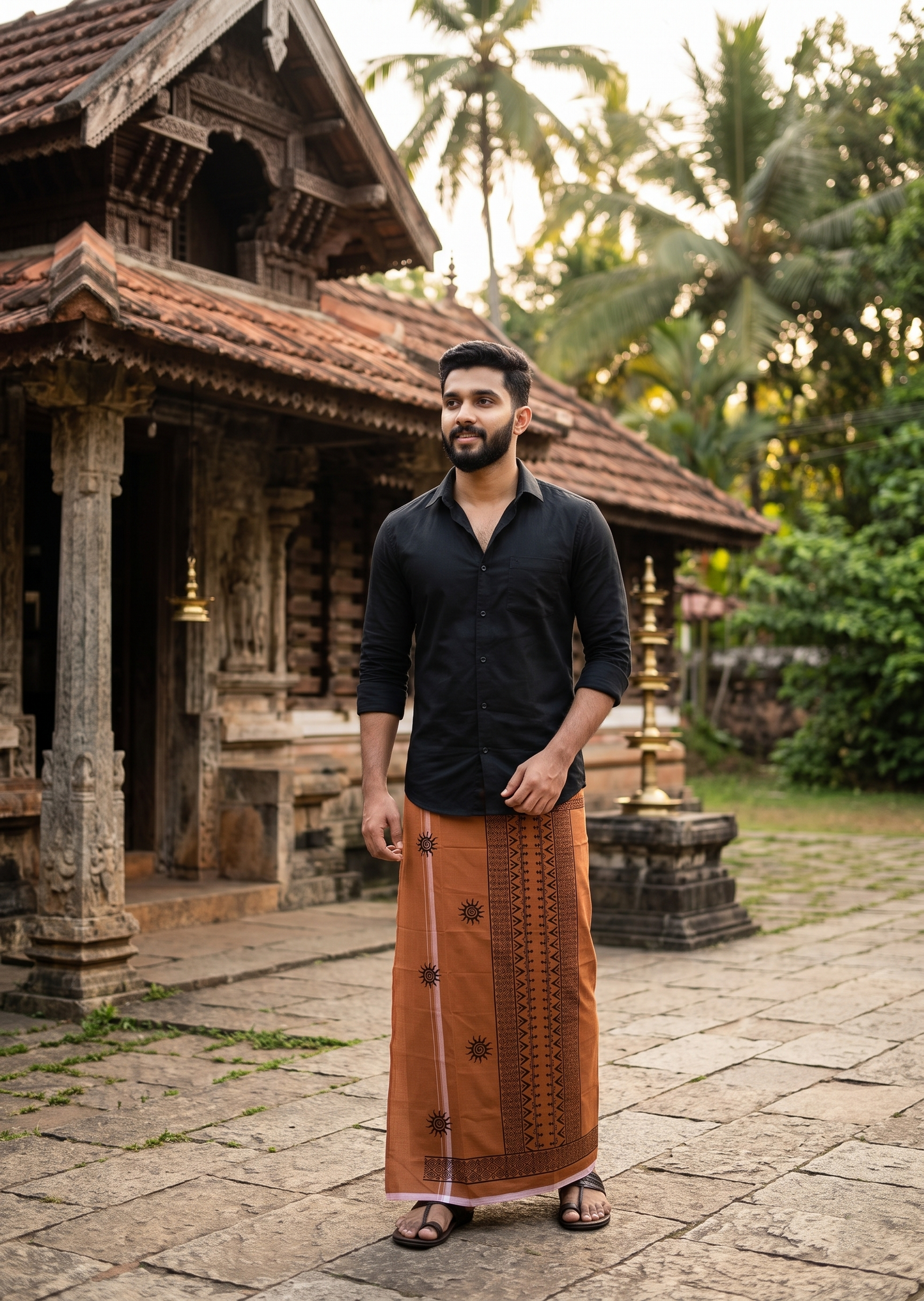 Southloom Saffron (Kaavi) Black Printed Single Mundu / Lungi (South Indian Kerala Dhoti) SL319