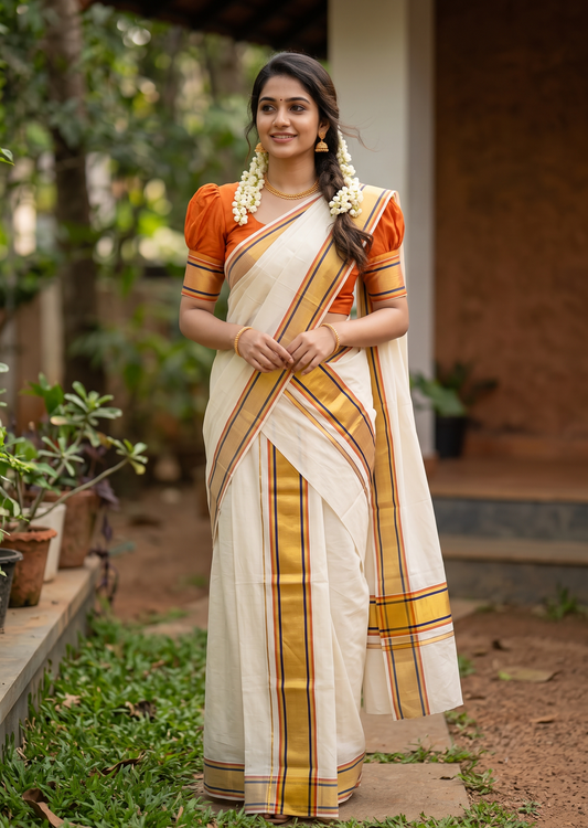 Southloom Premium Handloom Set Mundu with Red & Blue Lines and Kasavu Border Across Body 2.80 Mtrs SL632