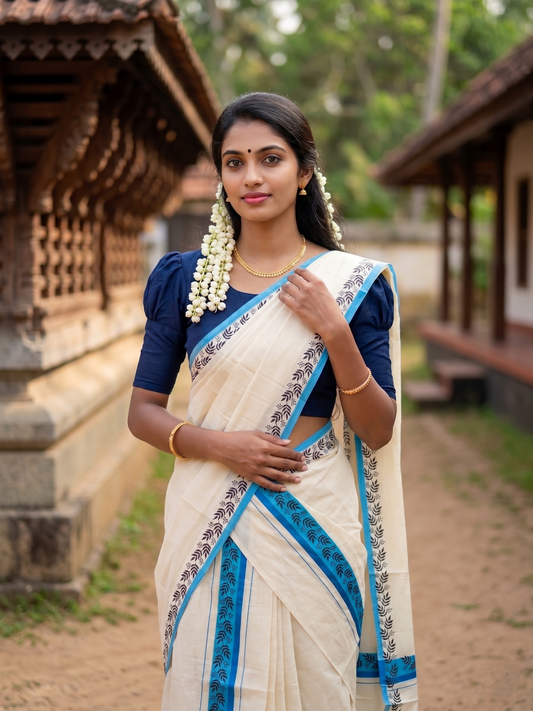 Southloom Kerala Mulloth Cotton Single Mundum Neriyathum with Digital Prints in Blue 2.80 Mtrs SL378