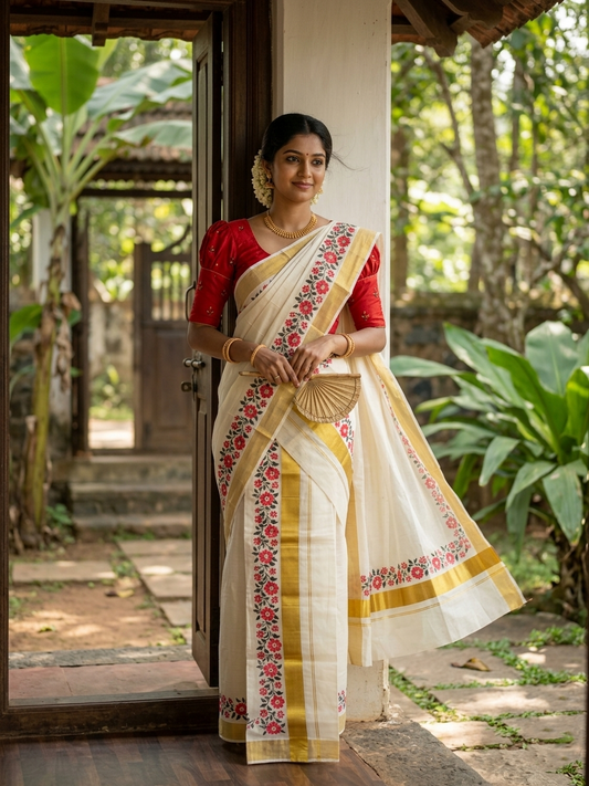 Southloom Pure Cotton Kerala Kasavu Single Set Mundu (Mundum Neriyathum) with Floral Print in Red and Black