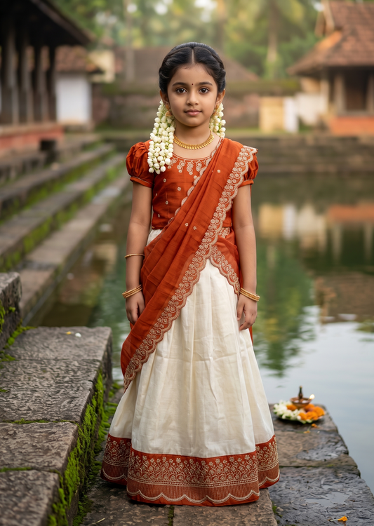 Southloom Stitched Georgette Dhavani Set with Pavada and Orange Blouse Piece SLKDHAVANI