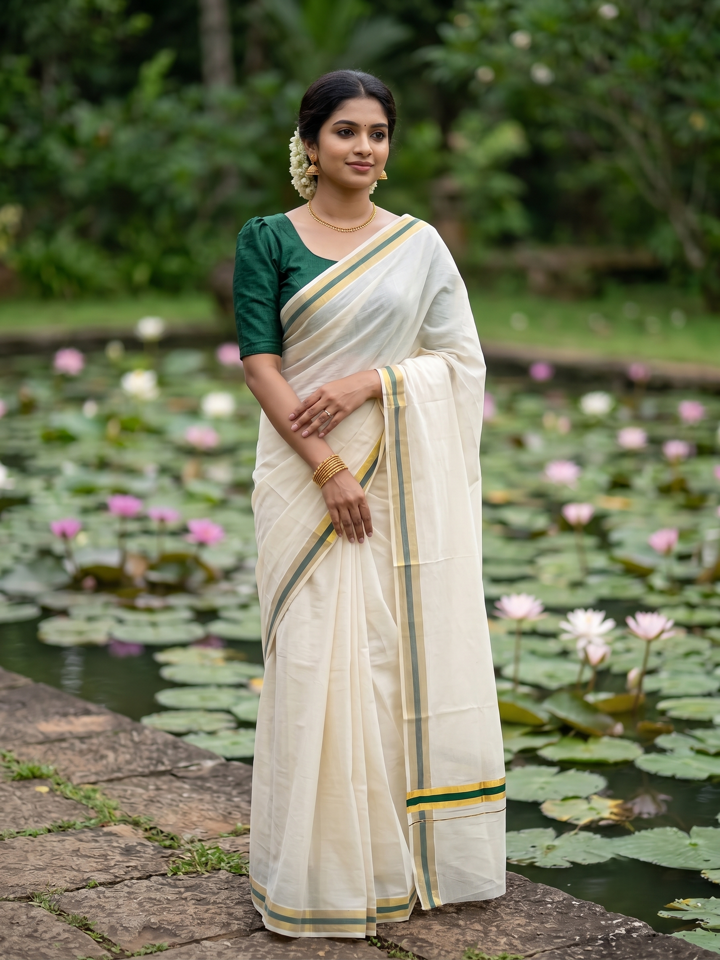 Southloom Kerala Cotton Kasavu Saree with Dark GreenBorder