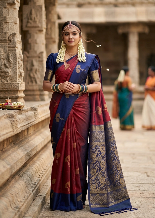 Southloom Pure Handloom Kanchipuram Silk Saree with Butta Work (Maroon & Blue)