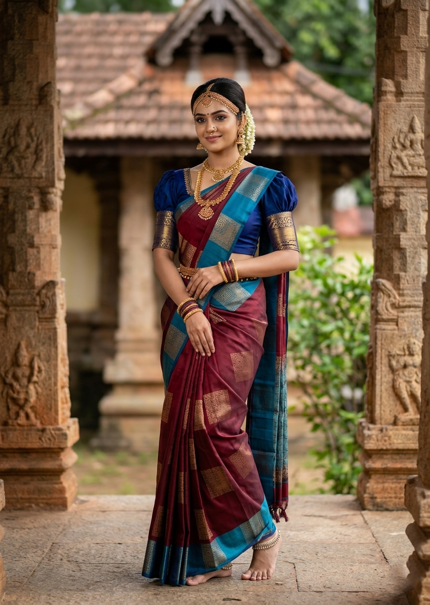 Southloom Pure Handloom Kanchipuram Silk Saree with Butta Work (Blue & Maroon )