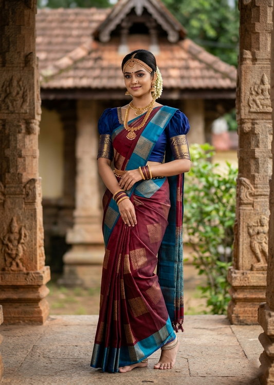 Southloom Pure Handloom Kanchipuram Silk Saree with Butta Work (Blue & Maroon )