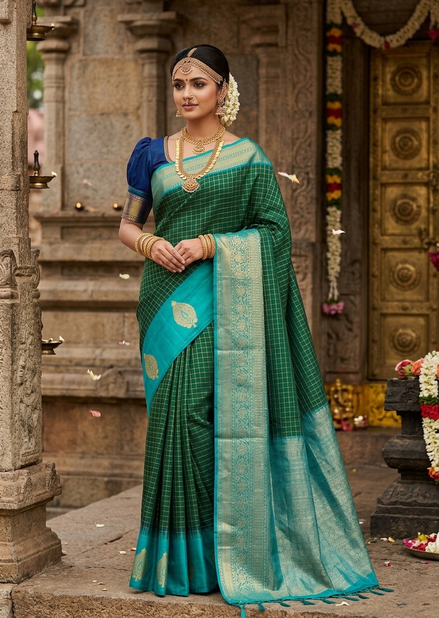 Southloom Premium Bridal Handloom Kanchipuram Silk Saree With Korvai Works (Blue & Green)