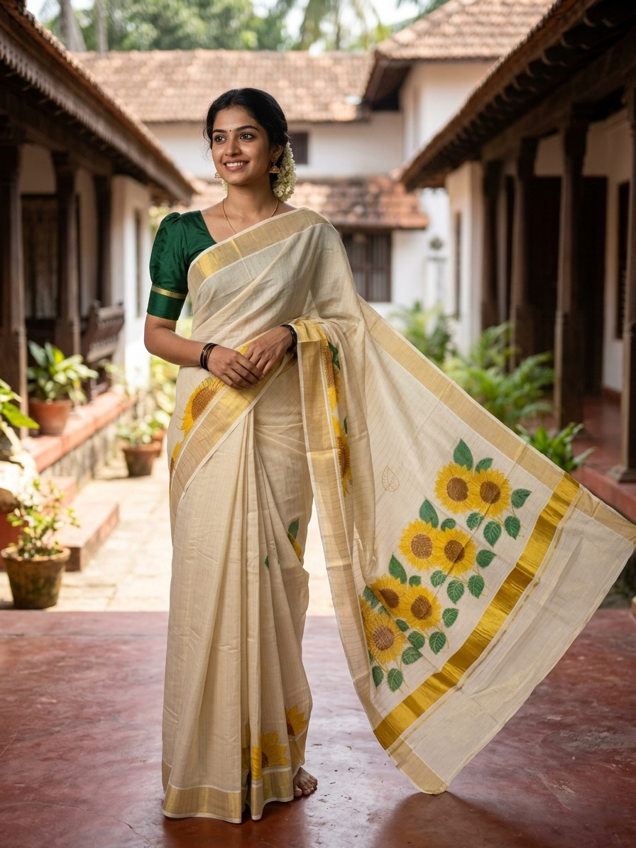 Southloom Kerala Tissue Kasavu Lines Saree with Embroidery Work in Yellow Floral Print