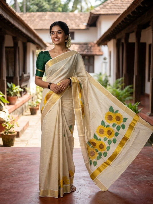 Southloom Kerala Tissue Kasavu Lines Saree with Embroidery Work in Yellow Floral Print