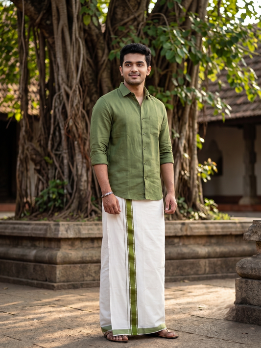 Southloom Pure Cotton Mundu with Silver Lines and Green Border (South Indian Kerala Dhoti)
