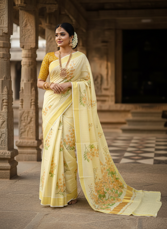 Kerala Tissue Kasavu Lines Design Saree with Kanikonna Floral Prints on Body SL257