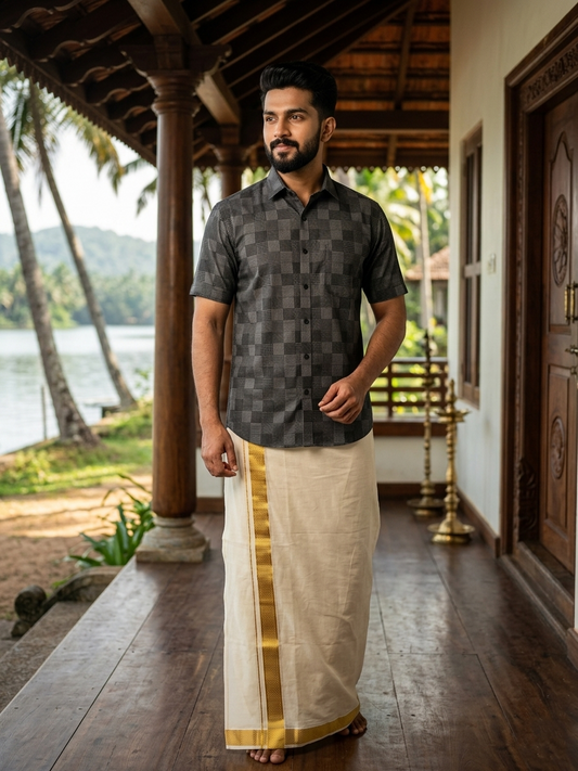 Pure Cotton Gray and Black Printed Shirt SLSHIRT 38 HS