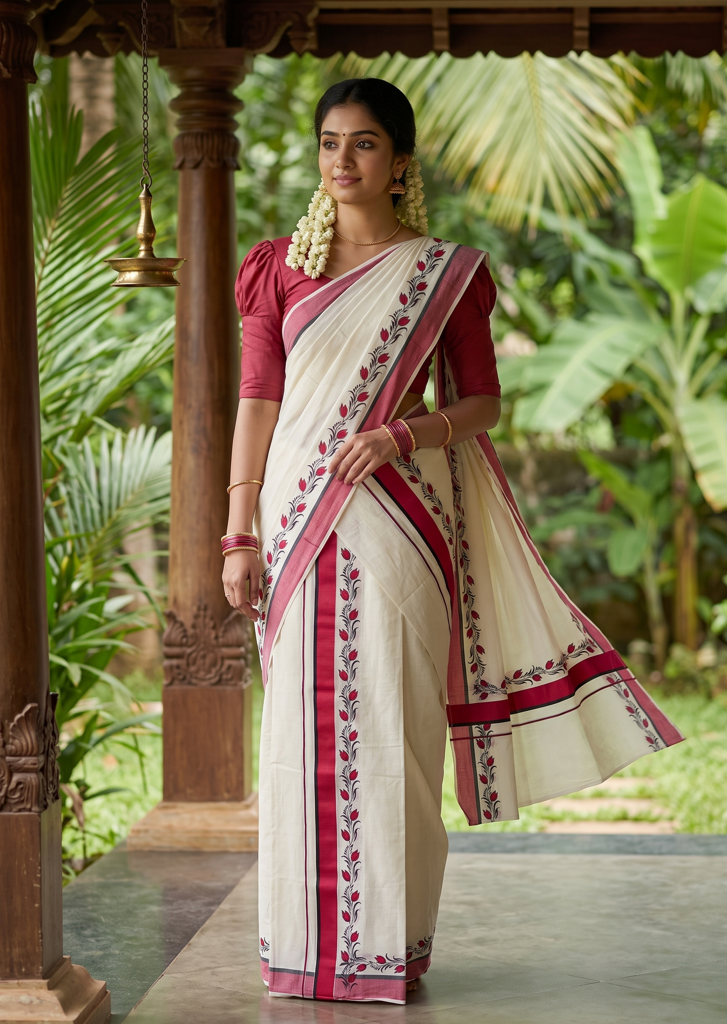 Southloom Pure Cotton Kerala Single Set Mundu (Mundum Neriyathum) with Digital Prints 2.75 Mtrs SL538