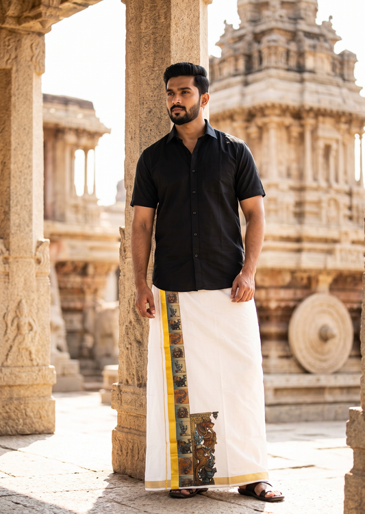Southloom Pure Cotton Mural Digital Printed Double Mundu (South Indian Kerala Dhoti)
