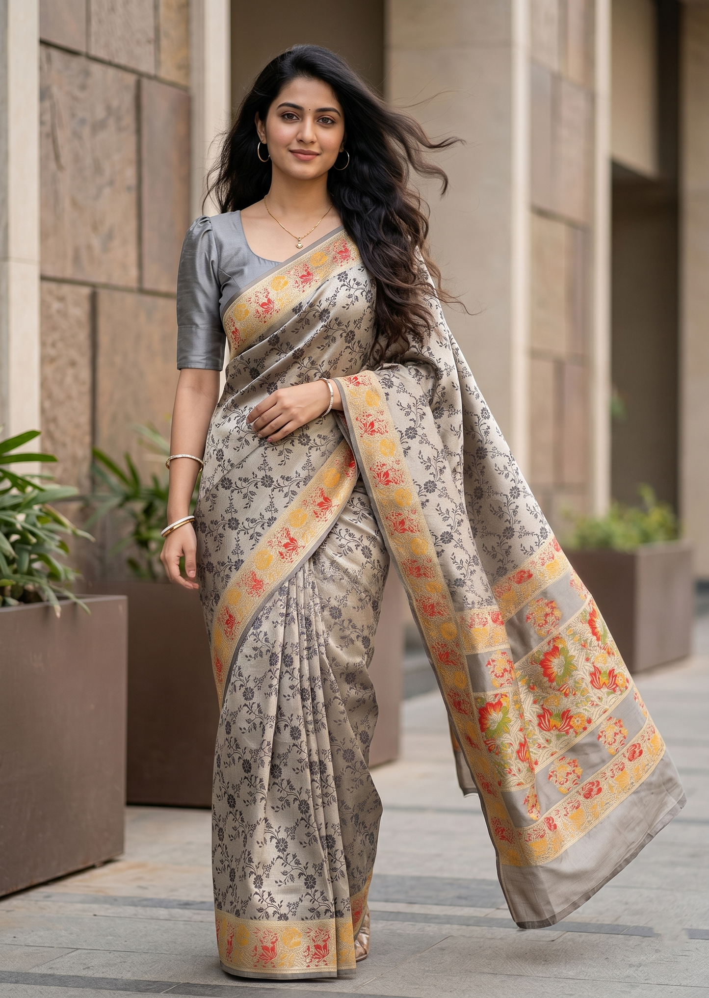 Southloom Pure Banarasi Silk Saree with Woven Work on Body and Borders (Grey)