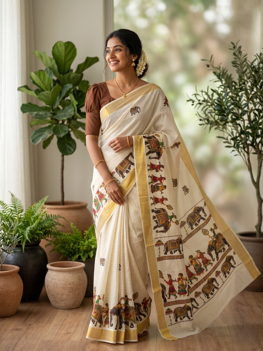 Southloom Kerala Cotton Kasavu Check Saree With Mural Festival Parasol and Elephant Design