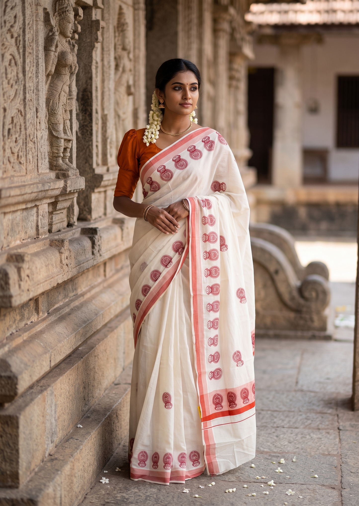 Southloom Cotton Kerala Kasavu Saree with Kathakali Digital Print on Body in Orange SL533