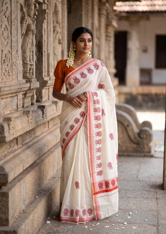 Southloom Cotton Kerala Kasavu Saree with Kathakali Digital Print on Body in Orange SL533
