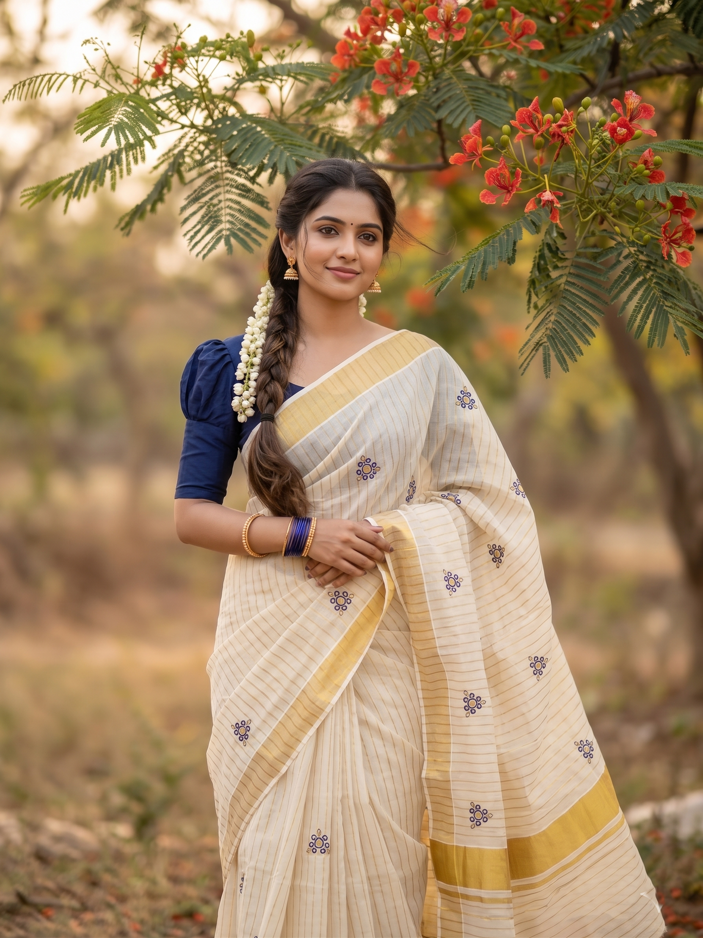 Southloom Tissue Kerala Kasavu Check Saree with Floral Embroidery Design in Blue SL363