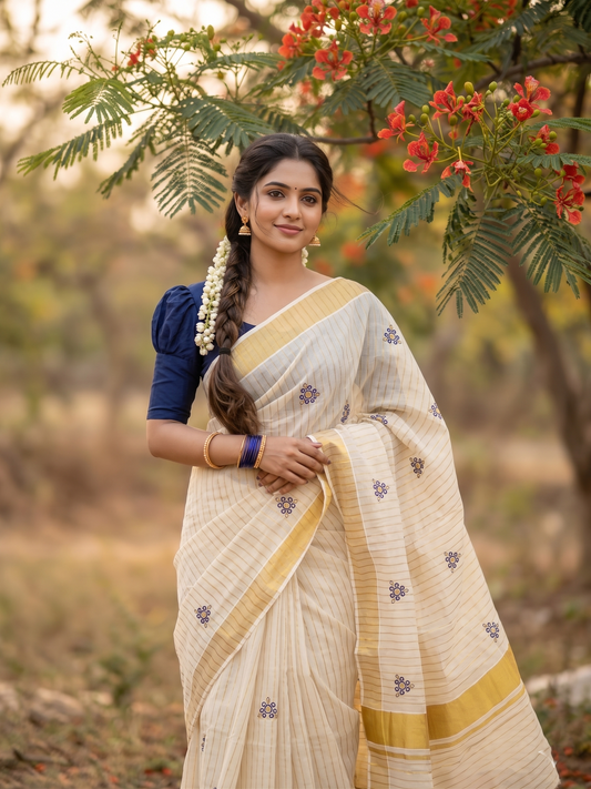 Southloom Tissue Kerala Kasavu Check Saree with Floral Embroidery Design in Blue SL363