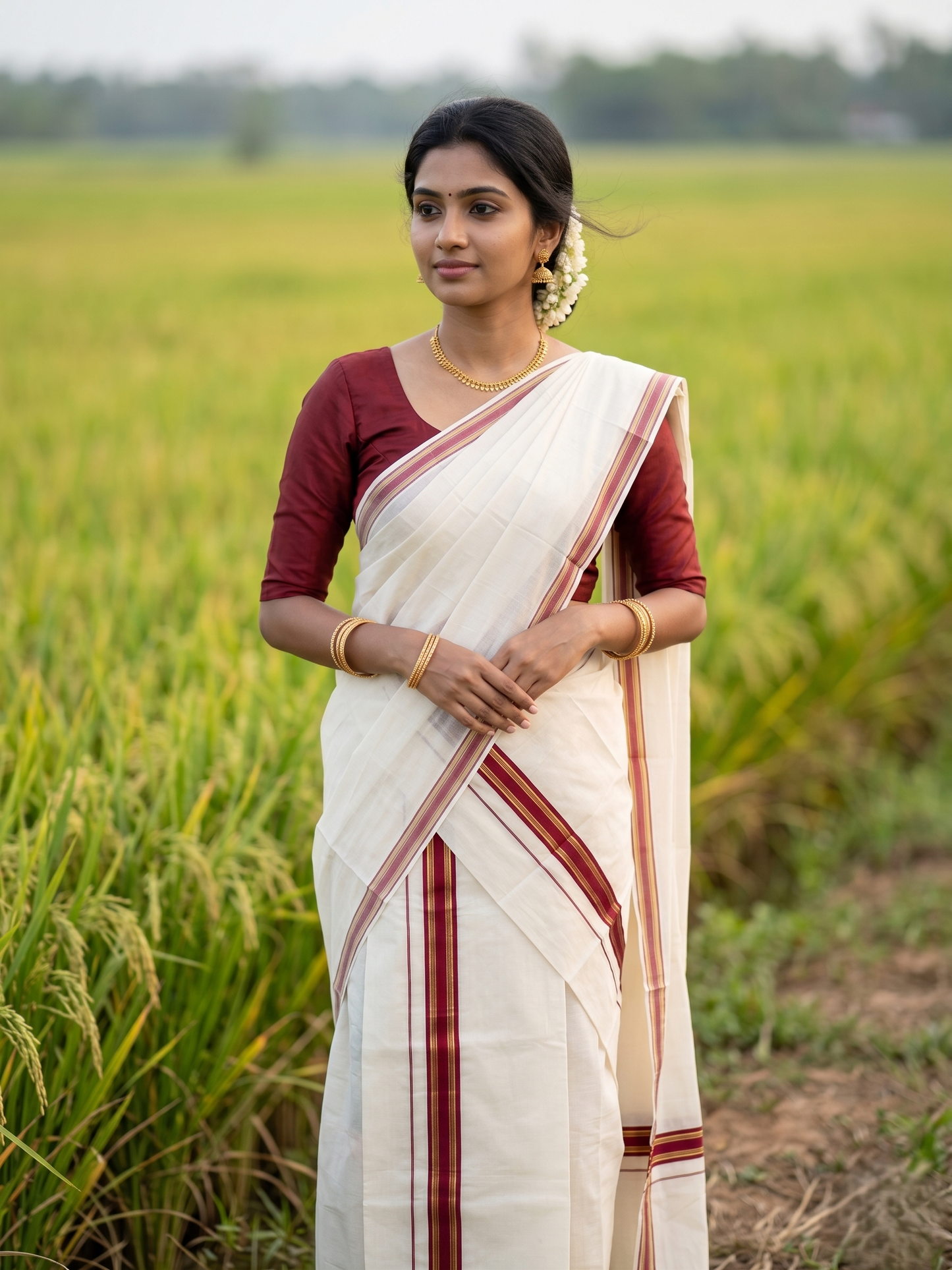 Southloom Kerala Cotton Single Set Mundu (Mundum Neriyathum) with Kasavu and Maroon Border 2.80 Mtrs