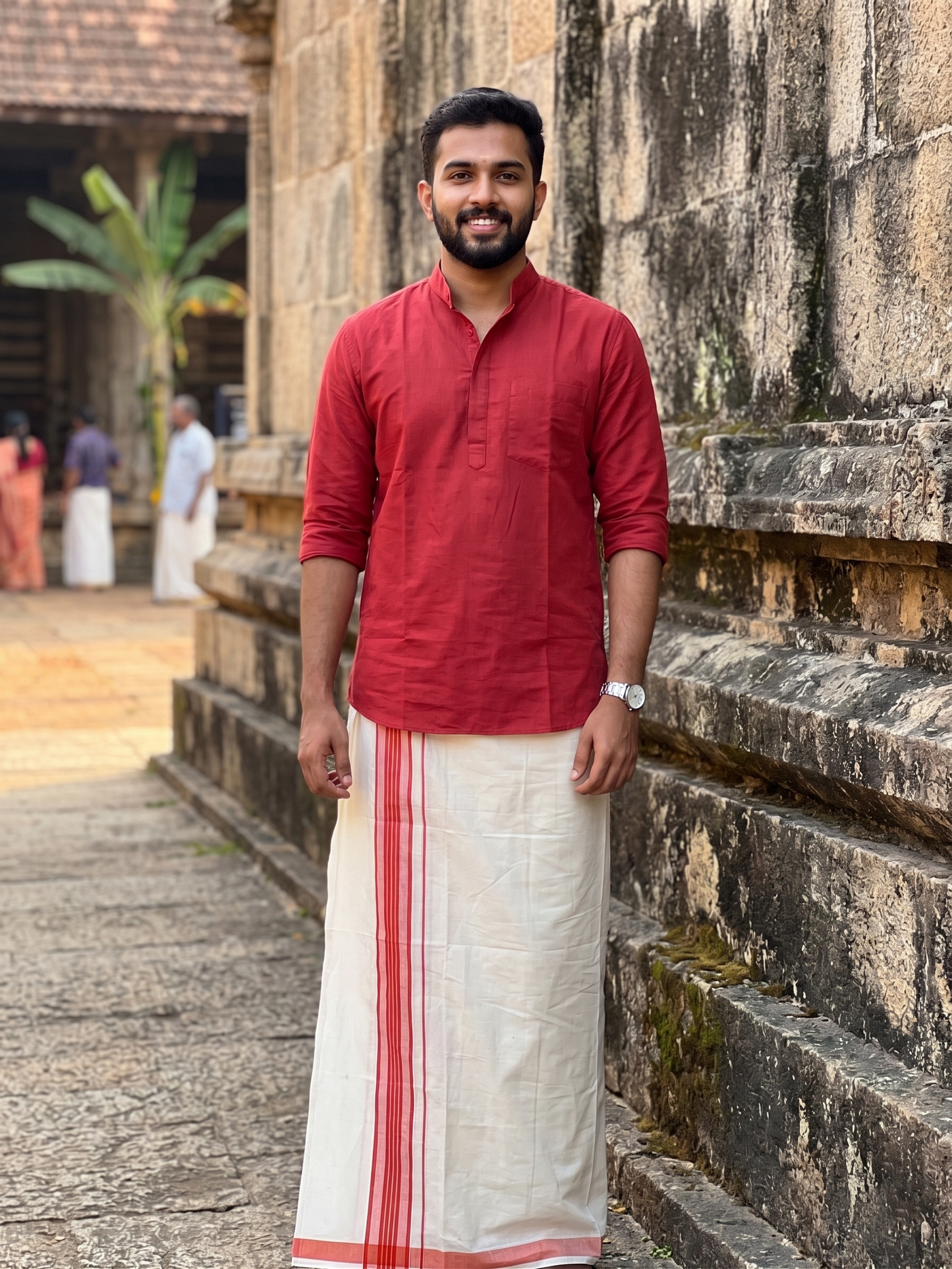 Southloom Pure Cotton  Double Mundu With Red Border (South Indian Kerala Dhoti)