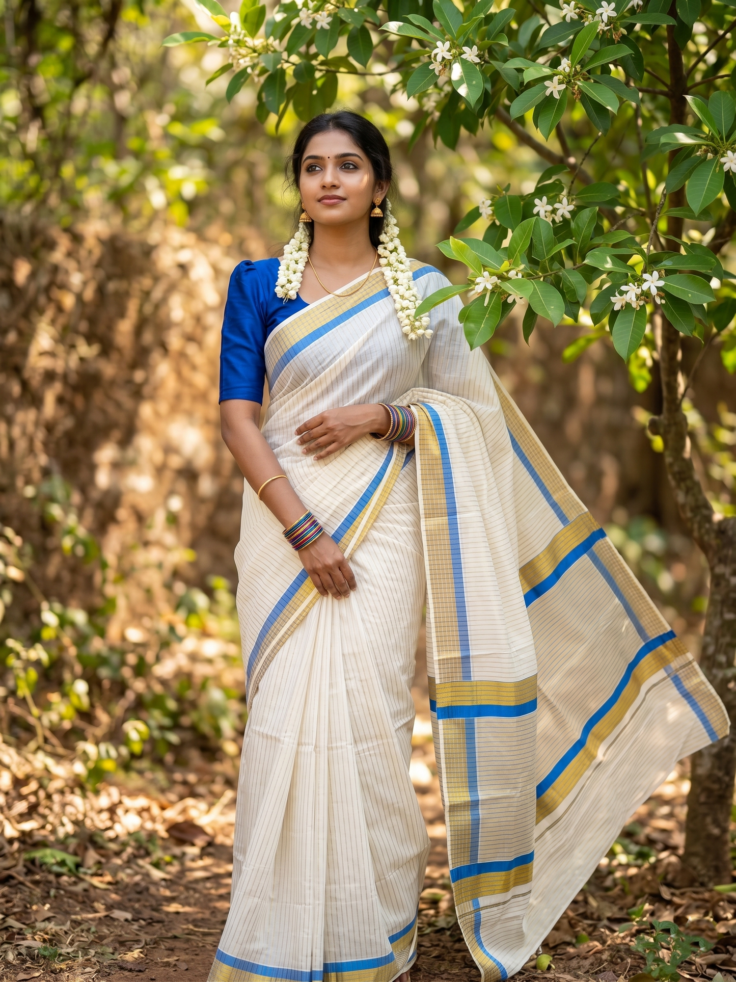 Southloom Kerala Pure Cotton Saree with Stripes on Body and Borders in Blue SL334