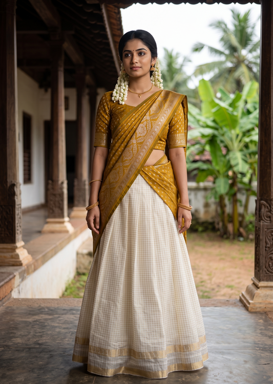 Southloom Semi UnStitched Check Dhavani Set with Pavada and Blouse Piece SL582