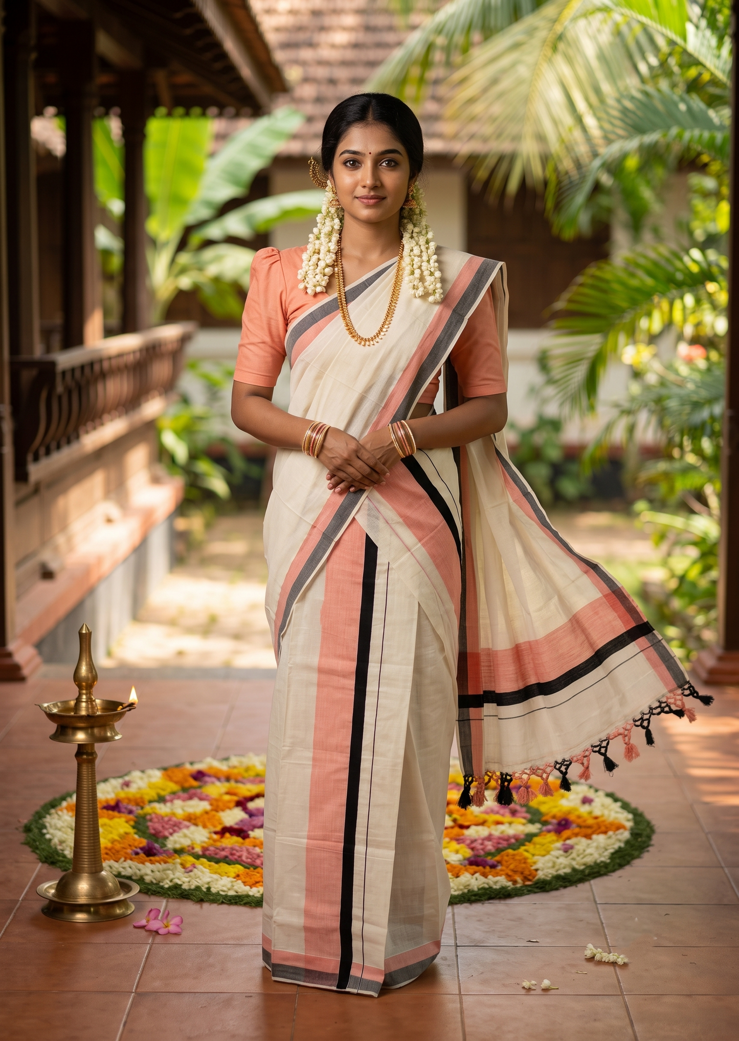 Southloom Kerala Cotton Mundum Neriyathum Single (Set Mundu) with Peach And Black Border 2.80 Mtrs