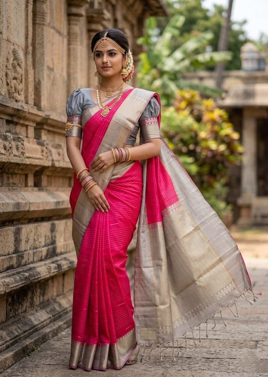 Southloom Pure Handloom Bridal Kanchipuram Silk Saree with Korvai Work (Pink & Grey)