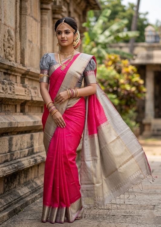 Southloom Pure Handloom Bridal Kanchipuram Silk Saree with Korvai Work (Pink & Grey)