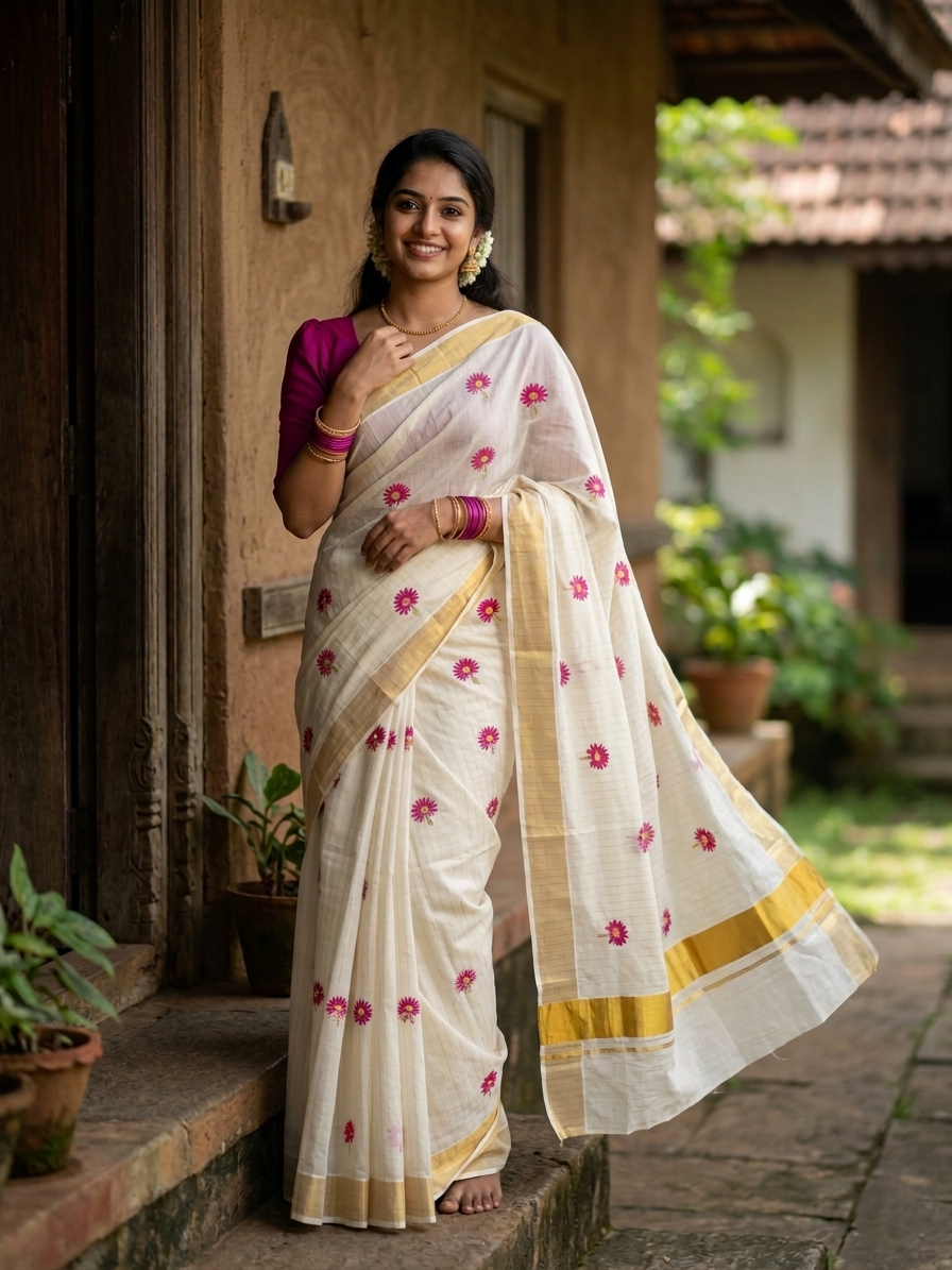 Southloom Cotton Kerala Kasavu Lines Saree with Floral Embroidery Design in Pink