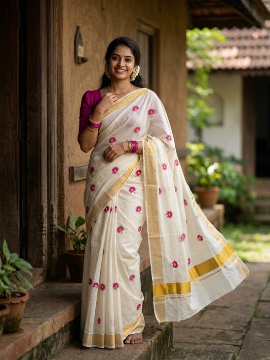 Southloom Cotton Kerala Kasavu Lines Saree with Floral Embroidery Design in Pink