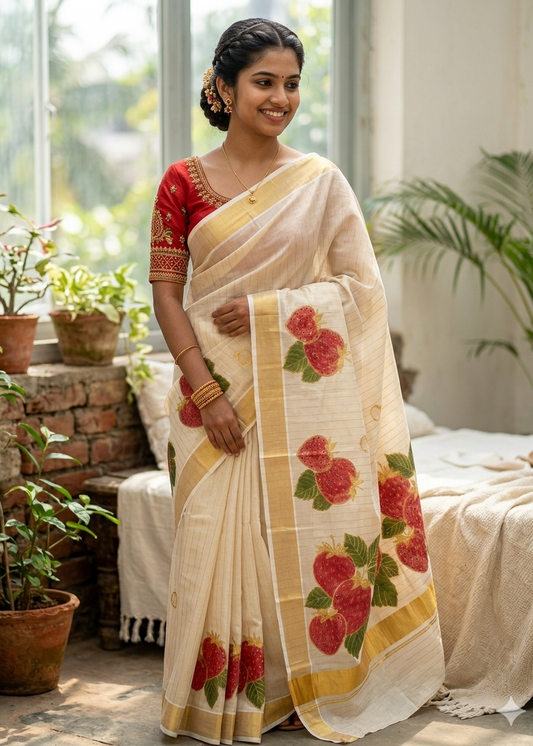 Kerala Tissue Lines Red Paint Saree SL176