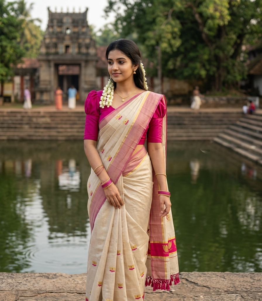Southloom Kerala Tissue Kasavu Saree with Pink And Golden Lotus Embroidary Works on Body SL273