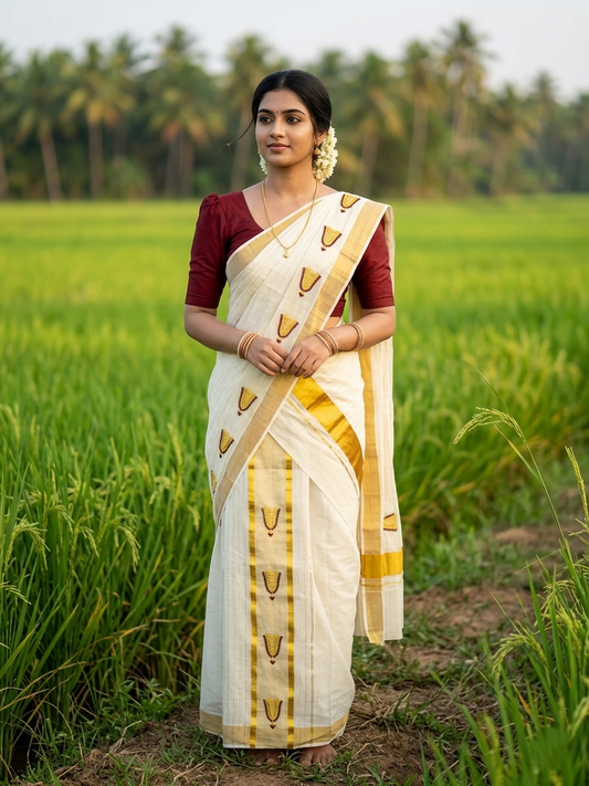 Southloom Pure Cotton Kerala Kasavu Single Set Mundu (Mundum Neriyathum) with Nettipattam Embroidery in Blue and Maroon