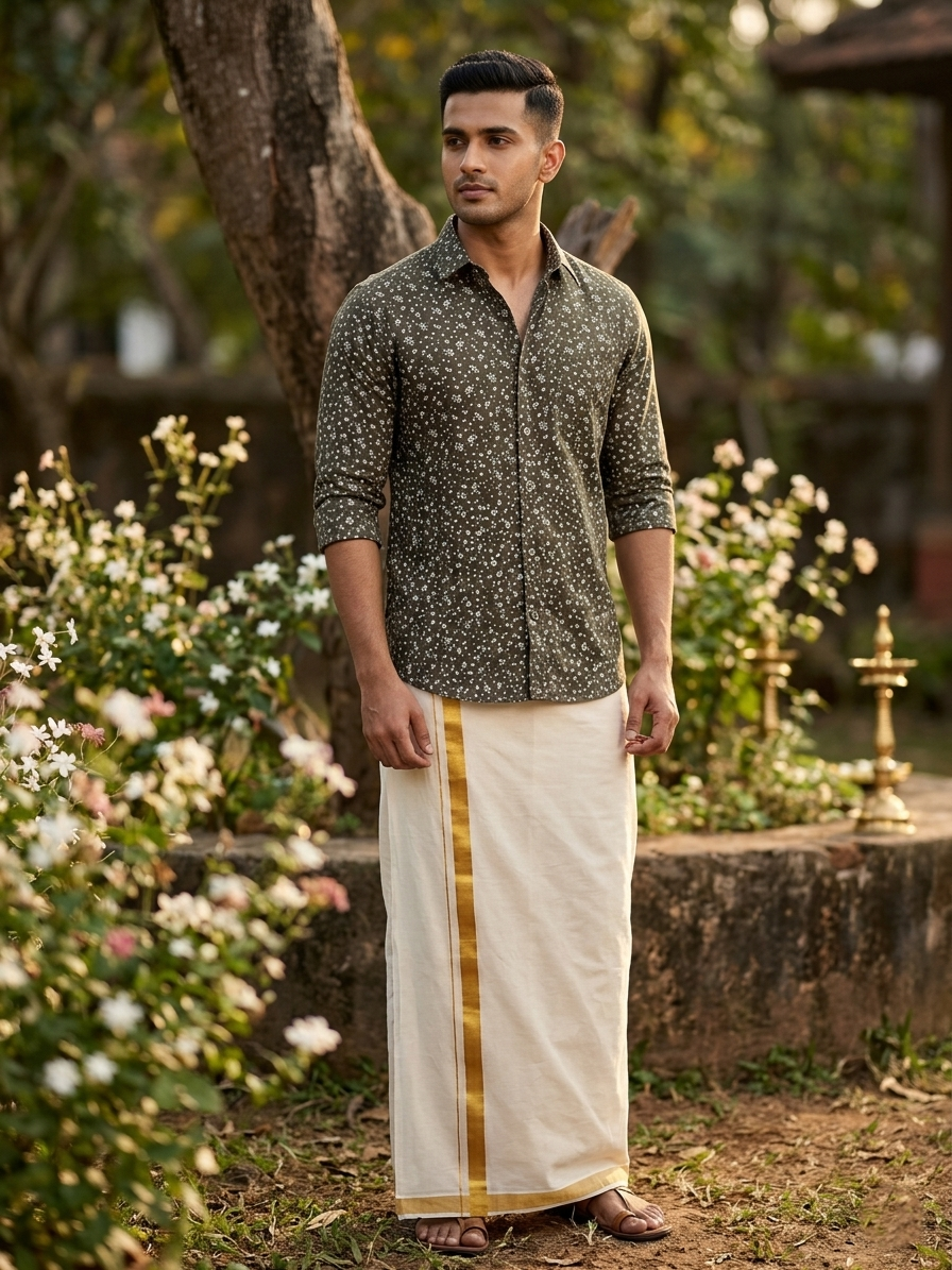 Southloom Pure Cotton Olive Green Printed Shirt SLSHIRT 38FS