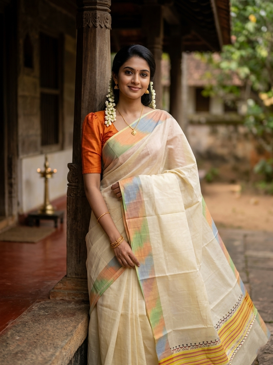 Southloom Kerala Tissue Kasavu Saree with Multi Colour Pochampally Design on Borders and Kara