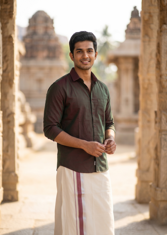Southloom Kerala Pure Cotton Double Mundu with Maroon And Silver Border (South Indian Dhoti)