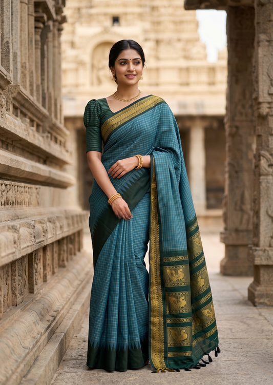 Southloom Kalyani Cotton check Saree In Blue And Green With Woven Work on the Body and Borders