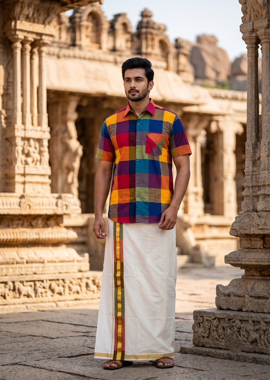 Southloom Cotton Madras Check Design Men's Combo (Shirt + Mundu) SLCOMBO SL577