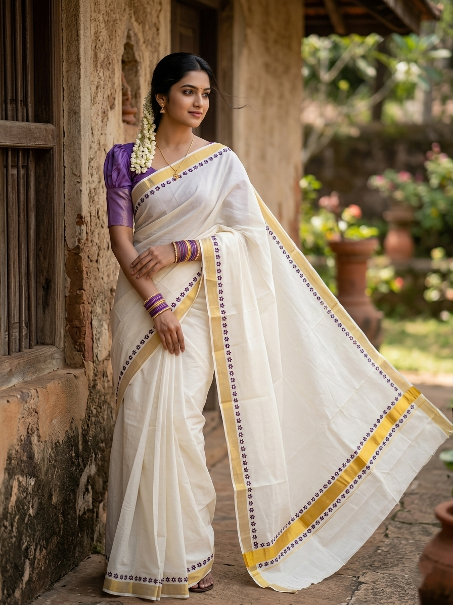 Southloom Cotton Kerala Kasavu Saree with Block Printed Design on Borders and Kara