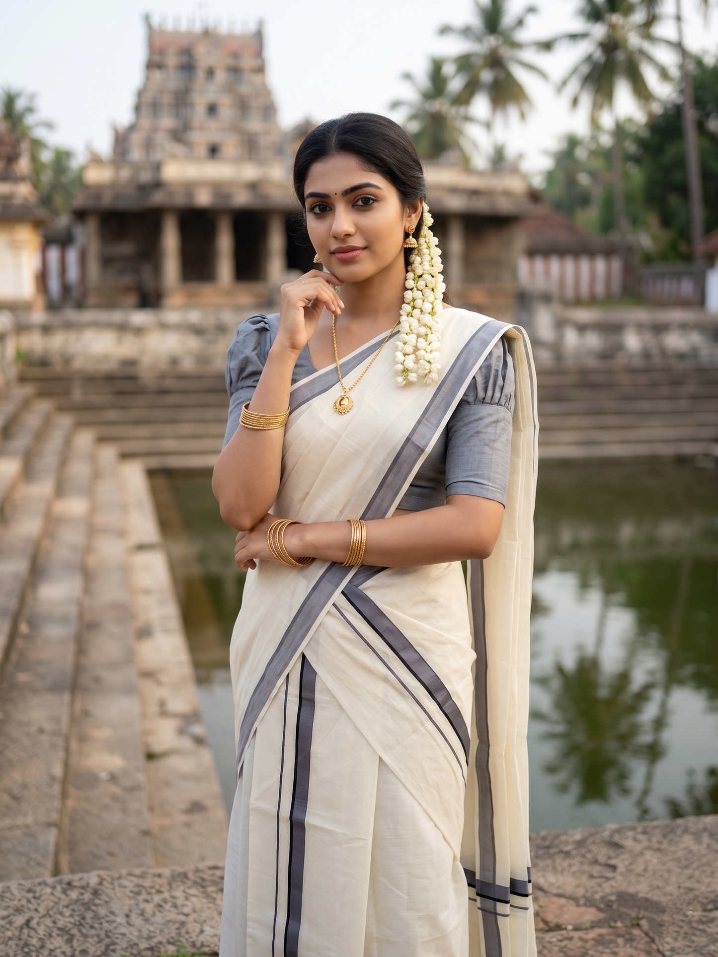 Southloom Pure Cotton Kerala Single Set Mundu (Mundum Neriyathum) Gray Border 2.80 Mtr SL345