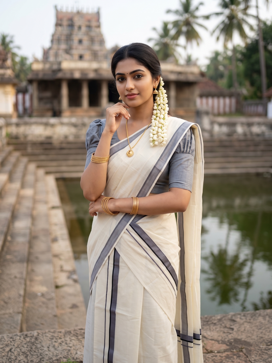 Southloom Pure Cotton Kerala Single Set Mundu (Mundum Neriyathum) Gray Border 2.80 Mtr SL345