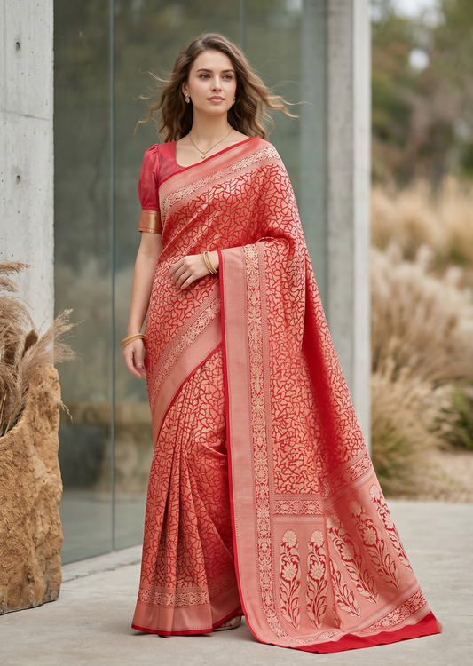 Southloom Pure Banarasi Silk Saree with Woven Work on Body and Borders (Pink And Red)