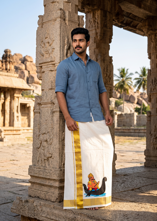 Southloom Kerala Cotton Mahabali Digital Printed Double Mundu (South Indian Kerala Dhoti) SL567