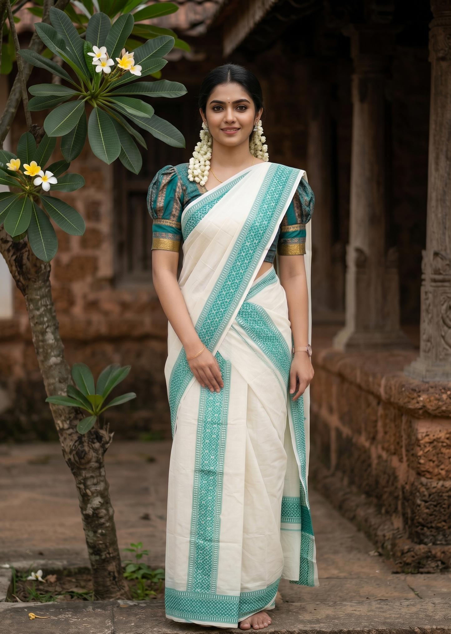 Southloom Green Block Printed Set Mundu with Blouse Piece 2.80Mtrs SL423