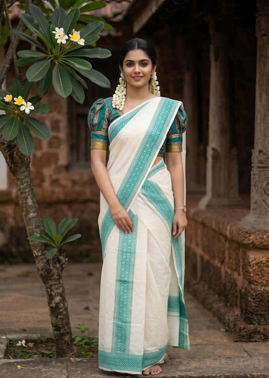 Southloom Green Block Printed Set Mundu with Blouse Piece 2.80Mtrs SL423